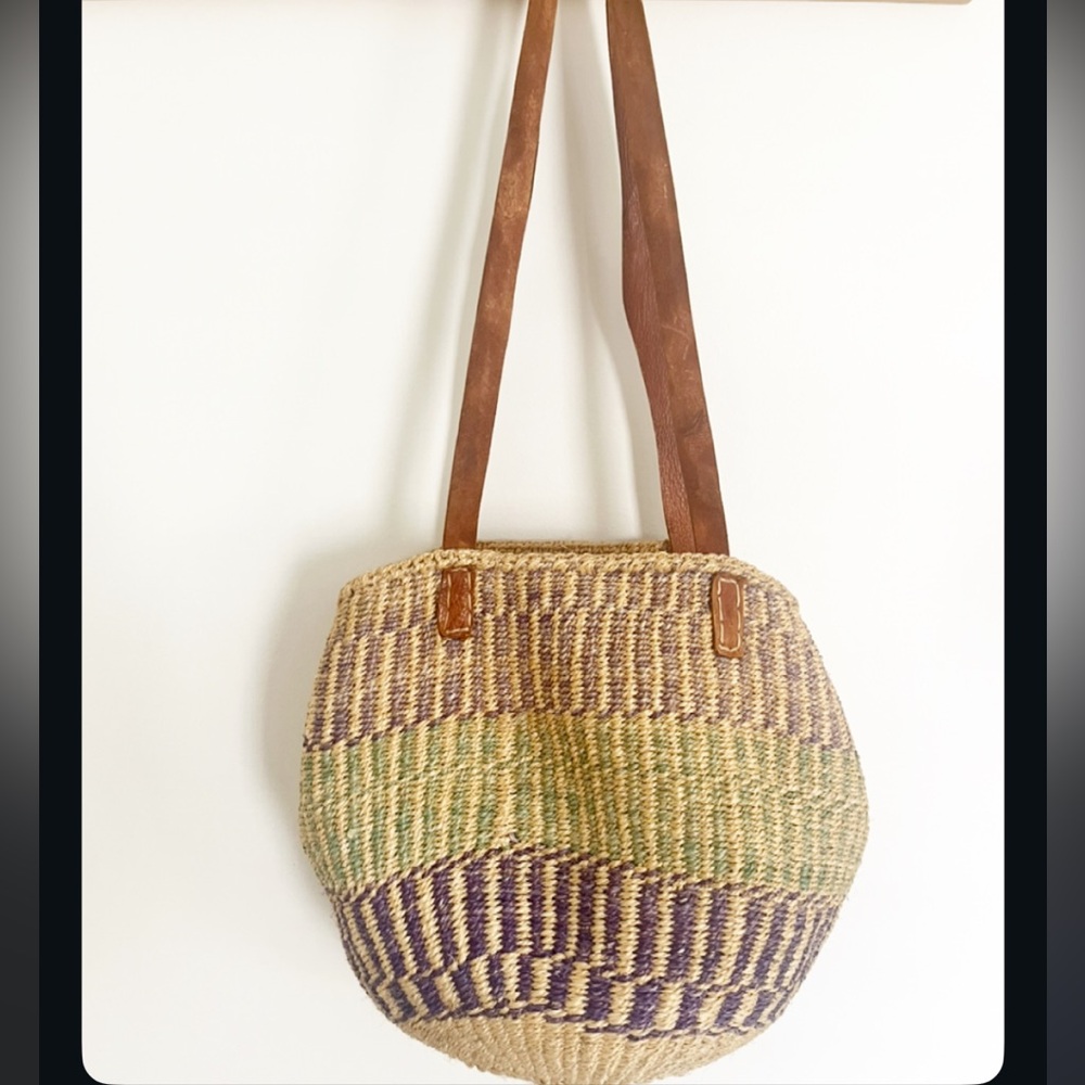 Vintage Sisal Jute Woven Striped Market Tote Bag With Leather Straps